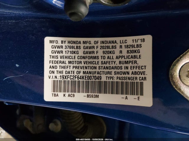Продаж на аукціоні авто 2019 Honda Civic Lx, vin: 19XFC2F64KE007049, номер лоту: 46316450