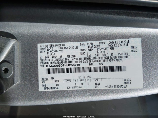 Aukcja sprzedaży 2017 Ford Escape Se, vin: 1FMCU0GD7HUC58719, numer aukcji: 46316455