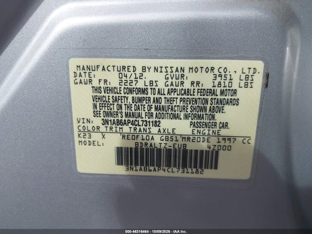 Продажа на аукционе авто 2012 Nissan Sentra 2.0 Sr, vin: 3N1AB6AP4CL731182, номер лота: 46316464