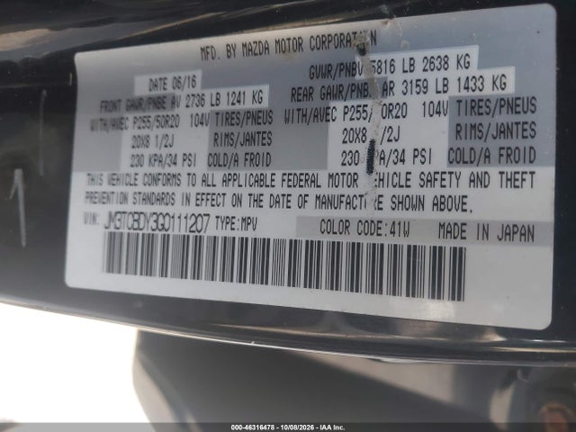 2016 Mazda Cx-9 Grand Touring მანქანა იყიდება აუქციონზე, vin: JM3TCBDY3G0111207, აუქციონის ნომერი: 46316478