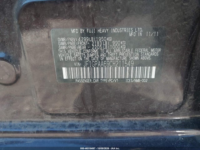 Aukcja sprzedaży 2012 Subaru Impreza 2.0i, vin: JF1GPAA69CH211549, numer aukcji: 46316497