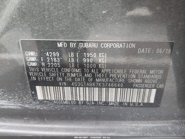 Aukcja sprzedaży 2019 Subaru Impreza 2.0i, vin: 4S3GTAB67K3746640, numer aukcji: 46316507