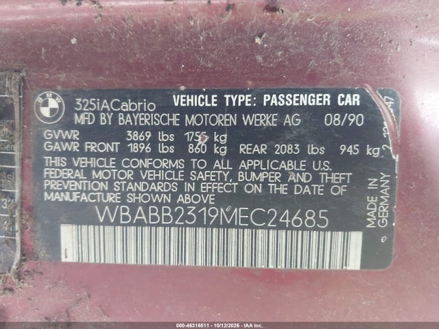 Продажа на аукционе авто 1991 Bmw 325 Ic Automatic, vin: WBABB2319MEC24685, номер лота: 46316511