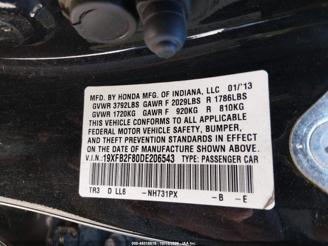 46316519 :رقم المزاد ، 19XFB2F80DE206543 vin ، 2013 Honda Civic Ex مزاد بيع