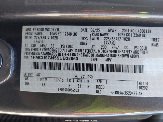 2025 Ford Escape Active მანქანა იყიდება აუქციონზე, vin: 1FMCU9GN5SUB33660, აუქციონის ნომერი: 46316529