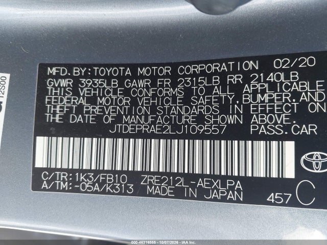 Продаж на аукціоні авто 2020 Toyota Corolla Le, vin: JTDEPRAE2LJ109557, номер лоту: 46316555