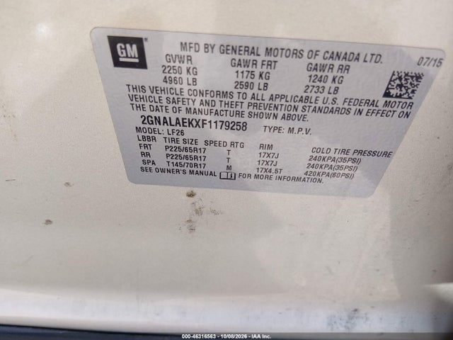 46316563 :رقم المزاد ، 2GNALAEKXF1179258 vin ، 2015 Chevrolet Equinox Ls مزاد بيع