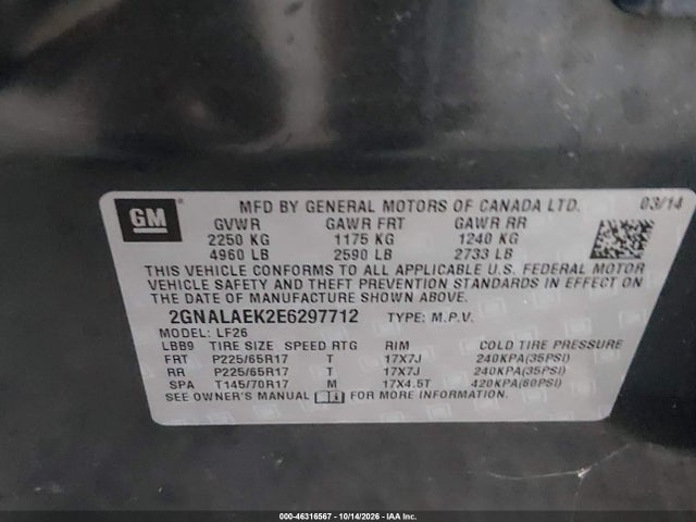 Aukcja sprzedaży 2014 Chevrolet Equinox Ls, vin: 2GNALAEK2E6297712, numer aukcji: 46316567