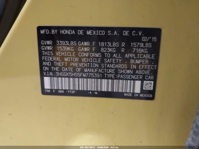 46316575 :رقم المزاد ، 3HGGK5H55FM775391 vin ، 2015 Honda Fit Lx مزاد بيع