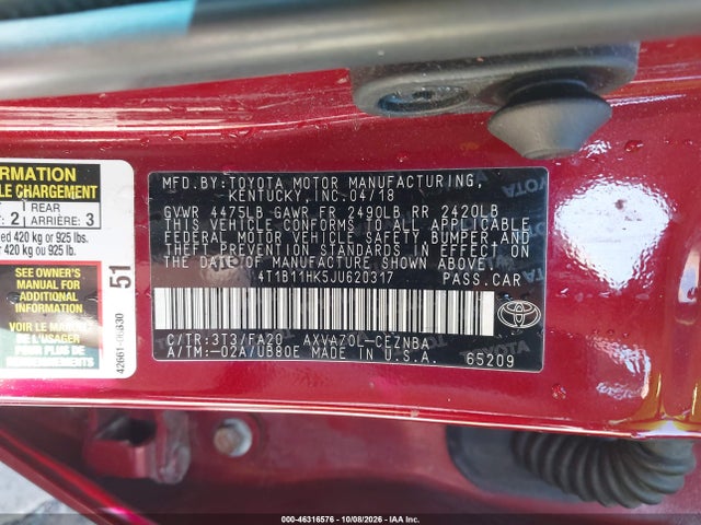 Aukcja sprzedaży 2018 Toyota Camry Le, vin: 4T1B11HK5JU620317, numer aukcji: 46316576