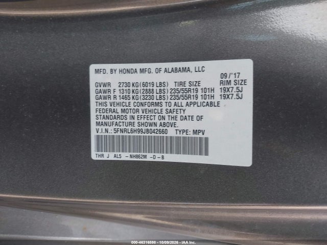 2018 Honda Odyssey Elite მანქანა იყიდება აუქციონზე, vin: 5FNRL6H99JB042660, აუქციონის ნომერი: 46316598
