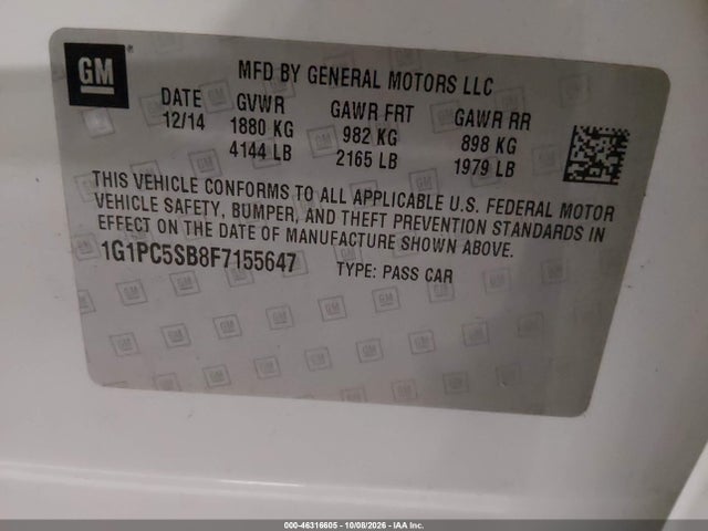 Продажа на аукционе авто 2015 Chevrolet Cruze 1lt Auto, vin: 1G1PC5SB8F7155647, номер лота: 46316605