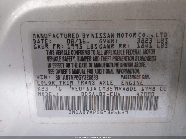 Aukcja sprzedaży 2016 Nissan Sentra S, vin: 3N1AB7AP5GY326639, numer aukcji: 46316614
