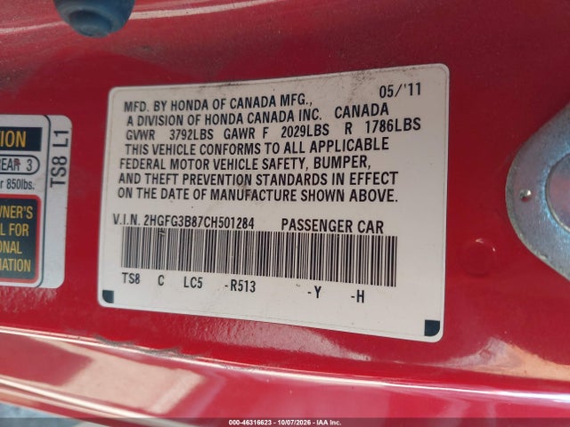 2012 Honda Civic Ex მანქანა იყიდება აუქციონზე, vin: 2HGFG3B87CH501284, აუქციონის ნომერი: 46316623