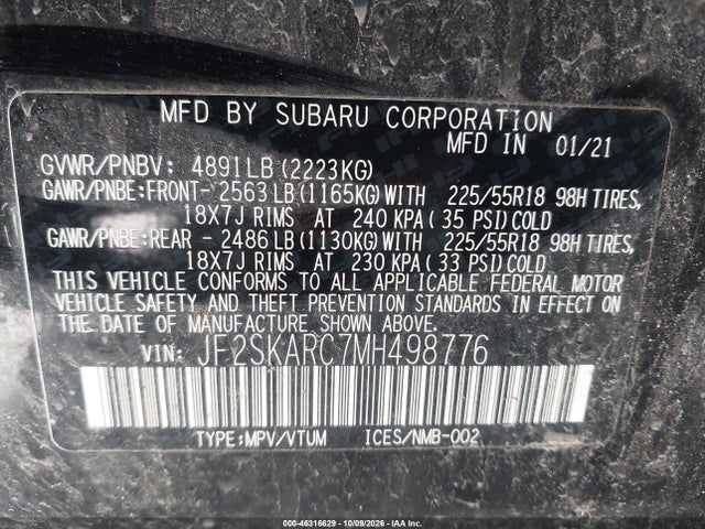 Auction sale of the 2021 Subaru Forester Sport, vin: JF2SKARC7MH498776, lot number: 46316629