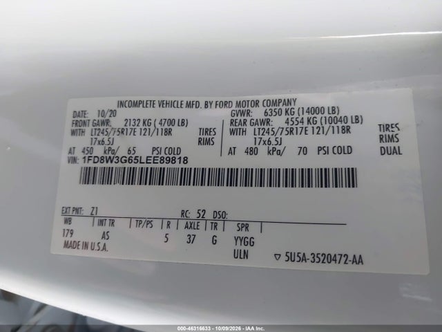 Продажа на аукционе авто 2020 Ford F-350 Chassis Xl, vin: 1FD8W3G65LEE89818, номер лота: 46316633