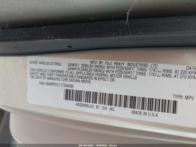 Продаж на аукціоні авто 2007 Subaru Outback 2.5i, vin: 4S4BP61C177304595, номер лоту: 46316632