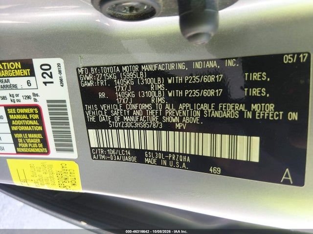 46316642 :رقم المزاد ، 5TDYZ3DC3HS857873 vin ، 2017 Toyota Sienna Xle 8 Passenger مزاد بيع