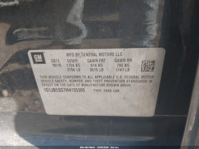 2017 Chevrolet Sonic Ls Auto მანქანა იყიდება აუქციონზე, vin: 1G1JB5SG7H4135365, აუქციონის ნომერი: 46316643