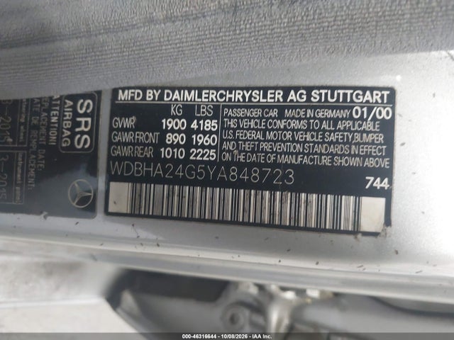 Продажа на аукционе авто 2000 Mercedes-benz C 230 Kompressor, vin: WDBHA24G5YA848723, номер лота: 46316644