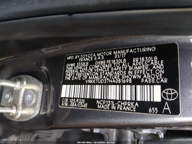 Aukcja sprzedaży 2017 Toyota Yaris L, vin: VNKKTUD37HA081698, numer aukcji: 46316645