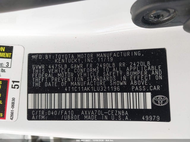 Aukcja sprzedaży 2020 Toyota Camry Le, vin: 4T1C11AK1LU321196, numer aukcji: 46316651