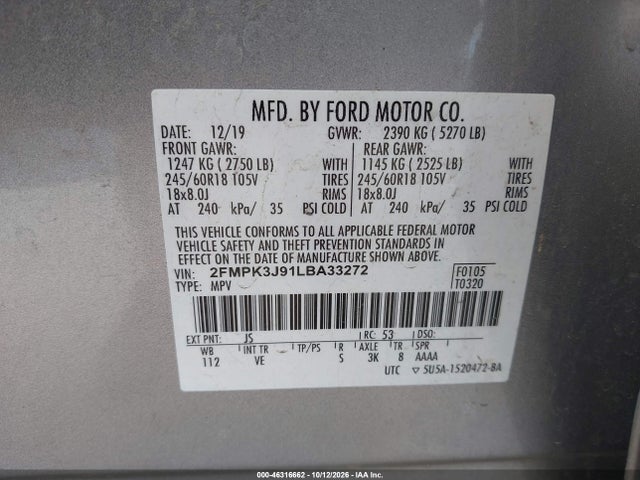 Ford EDGE SEL 2020 2FMPK3J91LBA33272 Image 9