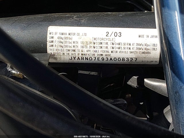 2003 Yamaha Fzs10 მანქანა იყიდება აუქციონზე, vin: JYARN07E93A008327, აუქციონის ნომერი: 46316675