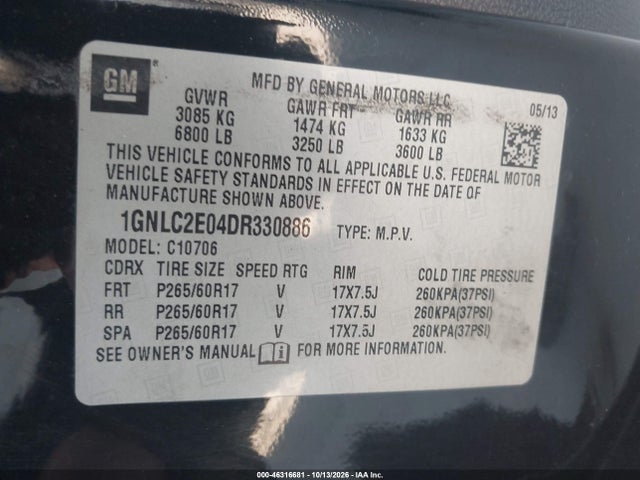 46316681 :رقم المزاد ، 1GNLC2E04DR330886 vin ، 2013 Chevrolet Tahoe Commercial Fleet مزاد بيع