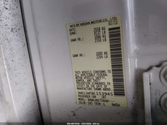 Aukcja sprzedaży 2011 Nissan Altima Hybrid, vin: 1N4CL2AP5BC153945, numer aukcji: 46316702
