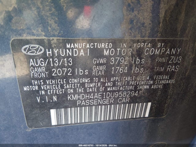 2013 Hyundai Elantra Gls მანქანა იყიდება აუქციონზე, vin: KMHDH4AE1DU958294, აუქციონის ნომერი: 46316703