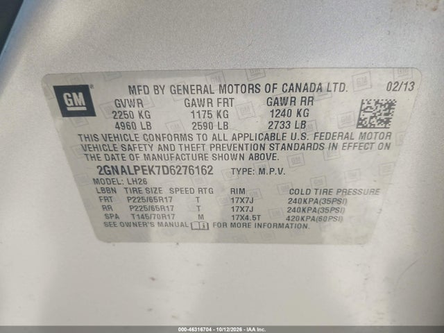 46316704 :رقم المزاد ، 2GNALPEK7D6276162 vin ، 2013 Chevrolet Equinox 2lt مزاد بيع