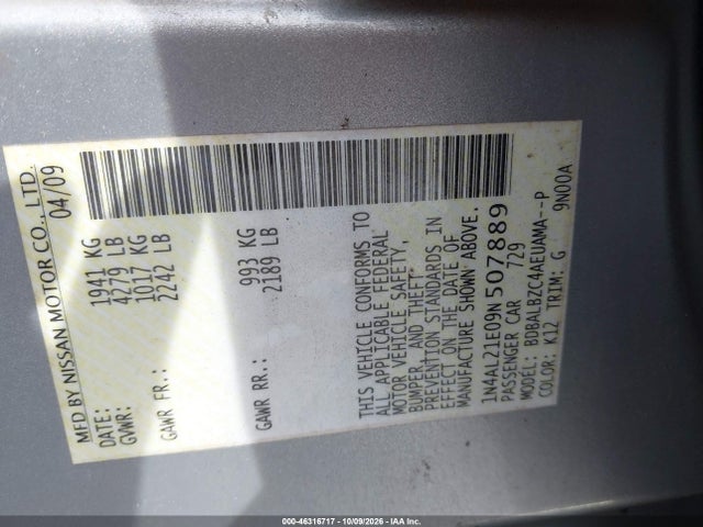 Продаж на аукціоні авто 2009 Nissan Altima 2.5 S, vin: 1N4AL21E09N507889, номер лоту: 46316717