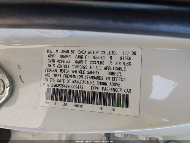 Aukcja sprzedaży 2009 Honda Accord 2.4 Lx-p, vin: JHMCP26499C009479, numer aukcji: 46316739