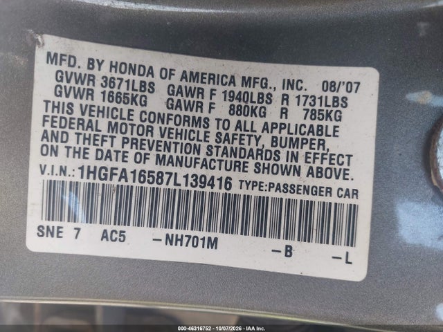 Продажа на аукционе авто 2007 Honda Civic Lx, vin: 1HGFA16587L139416, номер лота: 46316752