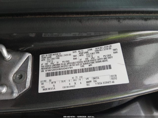 46316761 :رقم المزاد ، 1FMCU0GX8DUD63791 vin ، 2013 Ford Escape Se مزاد بيع