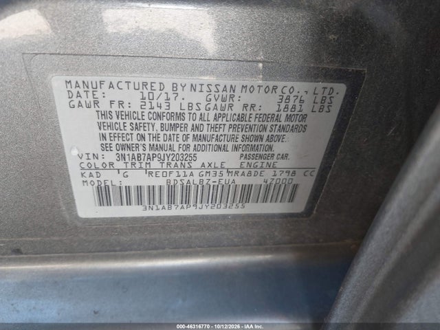 Aukcja sprzedaży 2018 Nissan Sentra S, vin: 3N1AB7AP9JY203255, numer aukcji: 46316770