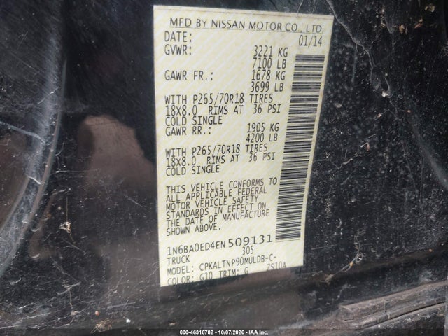 Продаж на аукціоні авто 2014 Nissan Titan Sv, vin: 1N6BA0ED4EN509131, номер лоту: 46316782