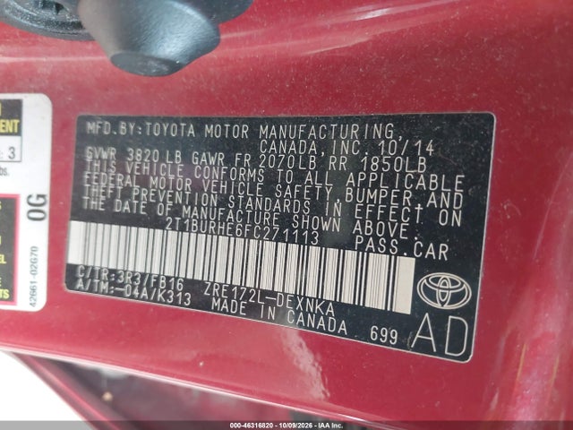 46316820 :رقم المزاد ، 2T1BURHE6FC271113 vin ، 2015 Toyota Corolla Le مزاد بيع