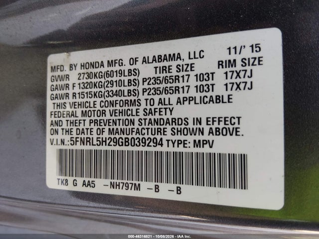 Aukcja sprzedaży 2016 Honda Odyssey Lx, vin: 5FNRL5H29GB039294, numer aukcji: 46316821
