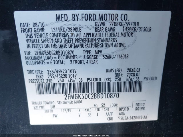 Aukcja sprzedaży 2011 Ford Flex Limited, vin: 2FMGK5DC2BBD10870, numer aukcji: 46316824