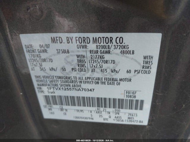 46316829 :رقم المزاد ، 1FTVX12557NA70347 vin ، 2007 Ford F-150 Xl/xlt مزاد بيع