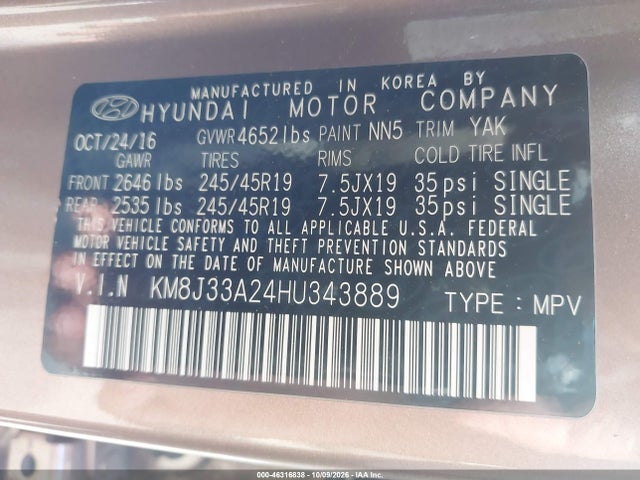 Aukcja sprzedaży 2017 Hyundai Tucson Limited, vin: KM8J33A24HU343889, numer aukcji: 46316838