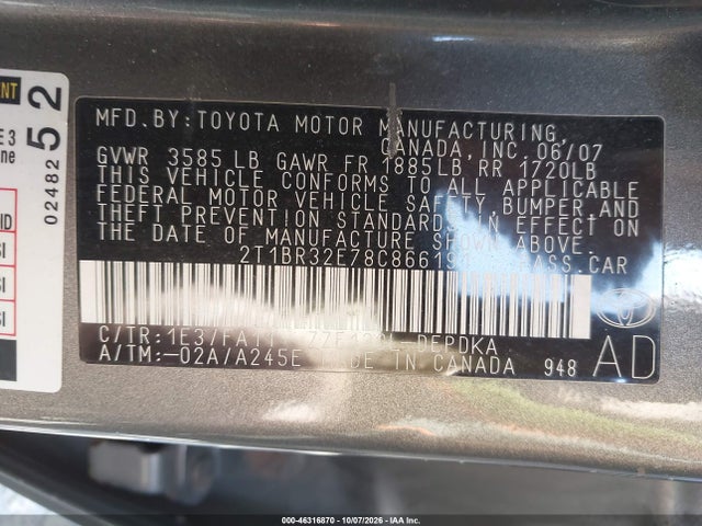 Aukcja sprzedaży 2008 Toyota Corolla Ce, vin: 2T1BR32E78C866191, numer aukcji: 46316870