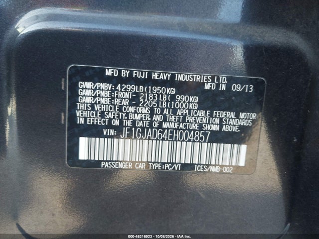 Aukcja sprzedaży 2014 Subaru Impreza 2.0i Premium, vin: JF1GJAD64EH004857, numer aukcji: 46316923