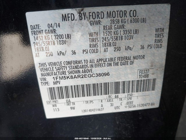 46316946 :رقم المزاد ، 1FM5K8AR2EGC38096 vin ، 2014 Ford Utility Police Interceptor مزاد بيع