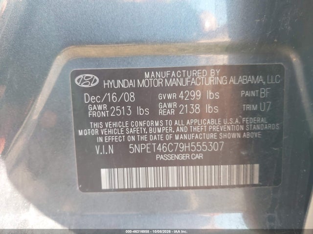 Aukcja sprzedaży 2009 Hyundai Sonata Gls, vin: 5NPET46C79H555307, numer aukcji: 46316958