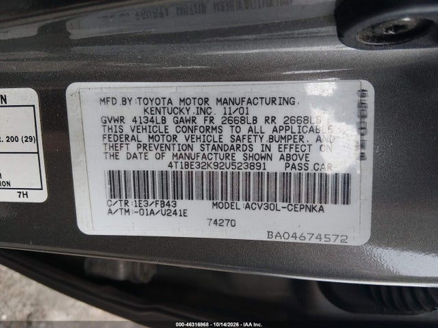 46316968 :رقم المزاد ، 4T1BE32K92U523891 vin ، 2002 Toyota Camry Le مزاد بيع