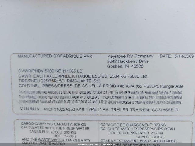 Продажа на аукционе авто 2010 Keystone Cougar, vin: 4YDF31822A2501018, номер лота: 46316984