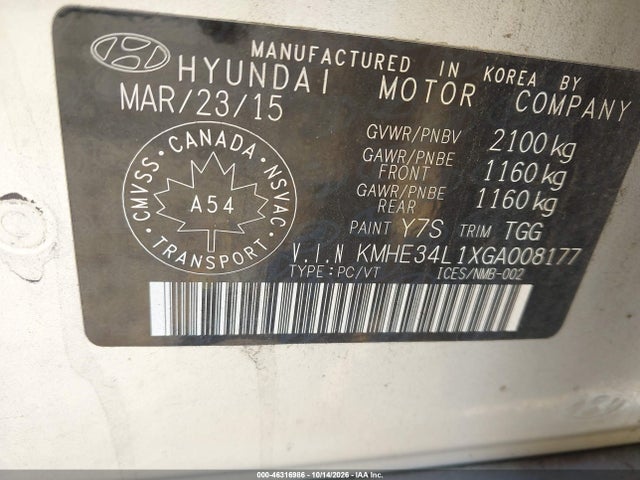 2016 Hyundai Sonata Hybrid Ultimate მანქანა იყიდება აუქციონზე, vin: KMHE34L1XGA008177, აუქციონის ნომერი: 46316986